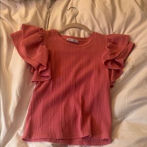 Zara Ribbed Pink Ruffle Sleeve Crop Top